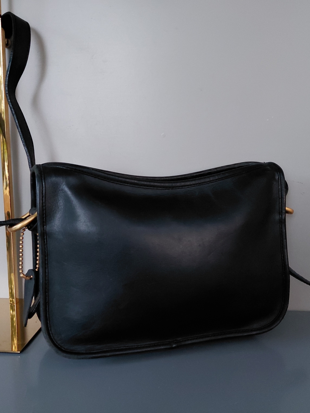 Coach Black Leather Cross-body Shoulder Bag with Gold Hardware